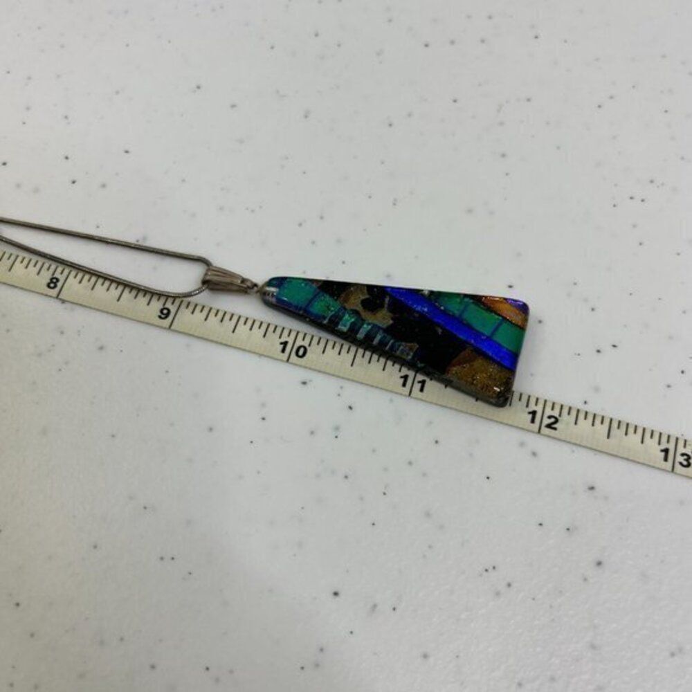 Fused Glass Necklace Geometric Blue‎ Dichroic Sterling Silver 925 Chain Stripe - Picture 10 of 10